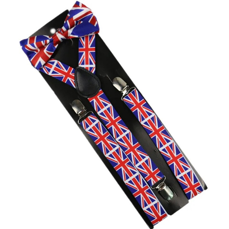Férfi/Női Ruházat Horganyzott csokornyakkendő szett Clip-on elasztikus Y-alakú állítható, piros brit zászló mintás nadrágtartó csokornyakkendő szett