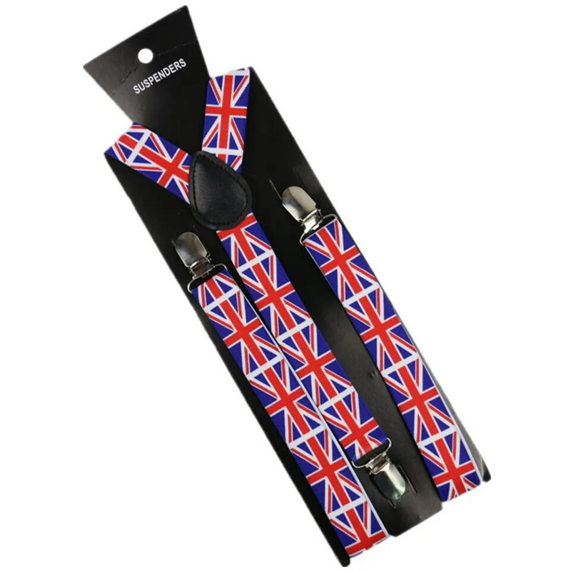 Férfi/Női Ruházat Horganyzott csokornyakkendő szett Clip-on elasztikus Y-alakú állítható, piros brit zászló mintás nadrágtartó csokornyakkendő szett