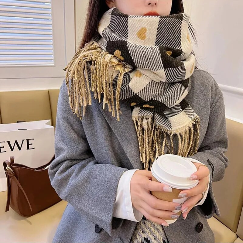 2023 Νέο πολυτελές καρό φουλάρι κασμίρι με χοντρό σάλι Γυναικεία μακριά χειμωνιάτικη ζεστή πασμίνα με χιτζάμπ με φούντα Bufanda