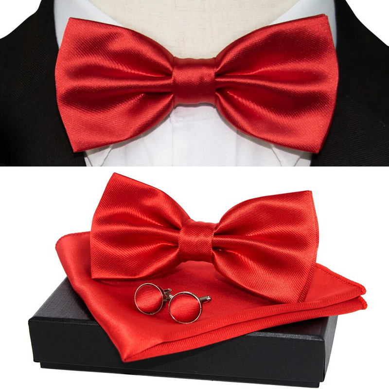 KAMBERFT vīriešu tauriņa komplekts sarkana dzeltena cieta tauriņa kabatas kvadrātveida aproču pogas dāvanu kastīte vīriešiem kāzu ballītes dāvana