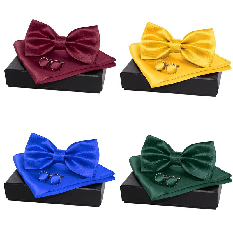 KAMBERFT vīriešu tauriņa komplekts sarkana dzeltena cieta tauriņa kabatas kvadrātveida aproču pogas dāvanu kastīte vīriešiem kāzu ballītes dāvana