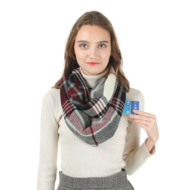 Luksuzni karirani šal od beskonačnosti od kašmira Ženske zimske tople marame sa skrivenim džepovima na patentni zatvarač Snood Ženski topliji šal s prstenom za hodanje