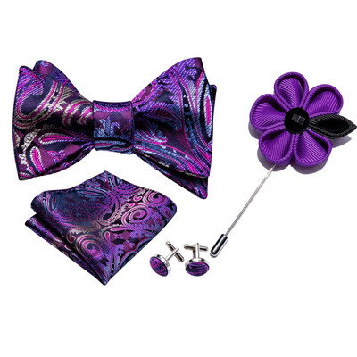 Violetinė peteliškė vyrams Savarankiškai surišti lankeliai Paisley šilko kaklaraiščio rinkinys Kišeninis kvadratinis rankogalių segtukas Boutonniere Dovana vestuvių vakarėliui Barry.Wang
