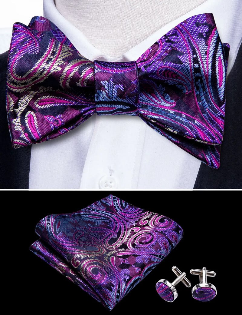 Lila csokornyakkendő férfiaknak Önre kötött masnik Paisley selyem nyakkendő szett négyzet alakú zseb mandzsettagombok Boutonniere Ajándék esküvőre Barry.Wang