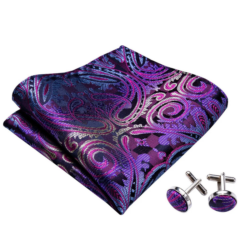 Lila csokornyakkendő férfiaknak Önre kötött masnik Paisley selyem nyakkendő szett négyzet alakú zseb mandzsettagombok Boutonniere Ajándék esküvőre Barry.Wang