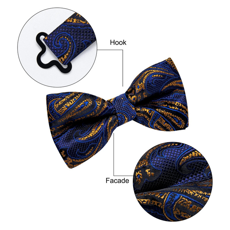 Sötétkék arany Paisley Férfi Üzleti Csokornyakkendő Állítható Előre megkötött csokornyakkendő Férfi Esküvői Party Selyem Pillangó Csomók Nyakkendők
