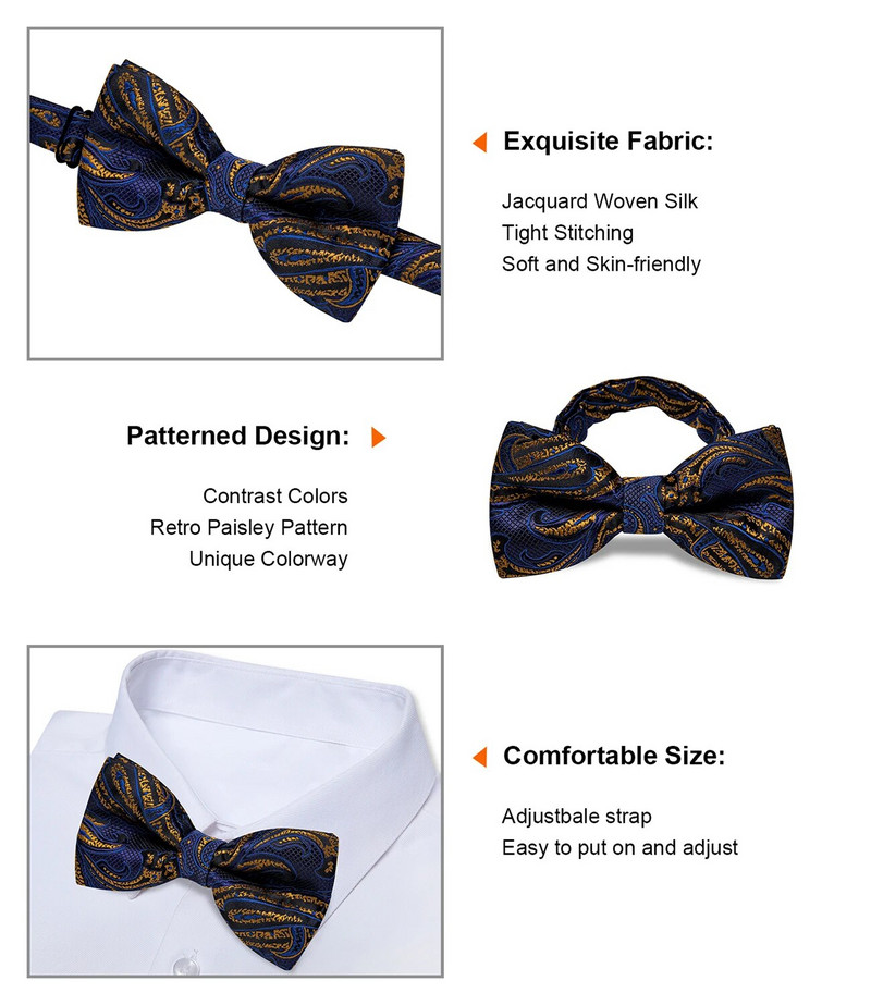 Sötétkék arany Paisley Férfi Üzleti Csokornyakkendő Állítható Előre megkötött csokornyakkendő Férfi Esküvői Party Selyem Pillangó Csomók Nyakkendők
