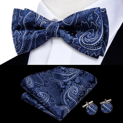 Navy Royal Sky Silk Ανδρικό παπιγιόν Μανικετόκουμπα Σετ προδεμένο παπιγιόν με κόμπο πεταλούδας για ανδρικό επαγγελματικό γραφείο γάμου