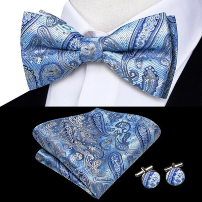 Navy Royal Sky Silk Ανδρικό παπιγιόν Μανικετόκουμπα Σετ προδεμένο παπιγιόν με κόμπο πεταλούδας για ανδρικό επαγγελματικό γραφείο γάμου