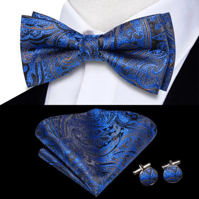 Navy Royal Sky Silk Ανδρικό παπιγιόν Μανικετόκουμπα Σετ προδεμένο παπιγιόν με κόμπο πεταλούδας για ανδρικό επαγγελματικό γραφείο γάμου