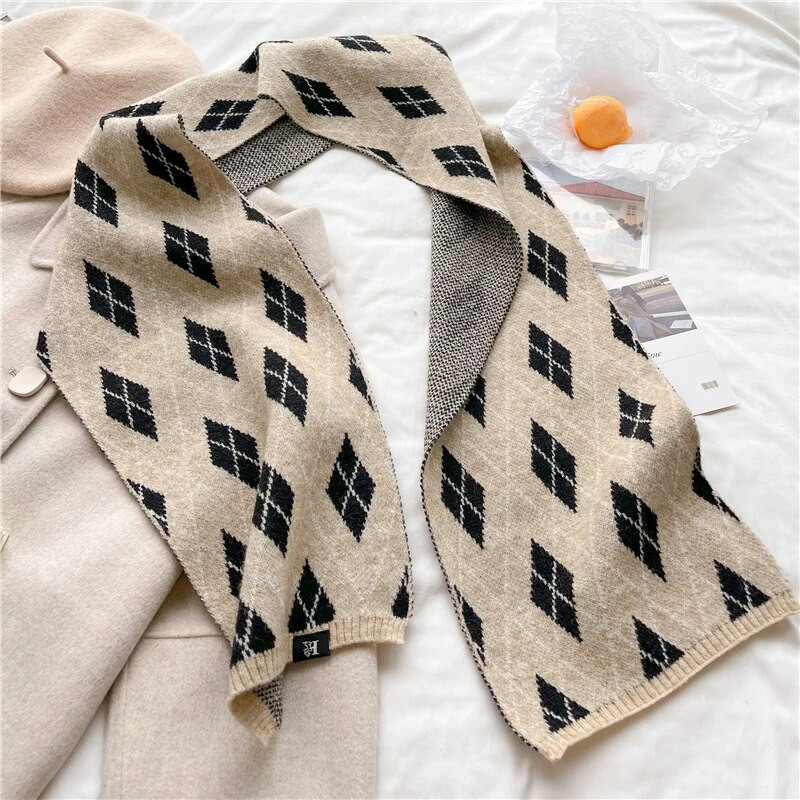 Jauns korejiešu stila rūtains trikotāžas lakats sievietēm izdilis 2022. gada ziemas trokšņa slāpētājs, silta vilnas dzija, mīksta kakla lakats Bufanda Foulard Bandana