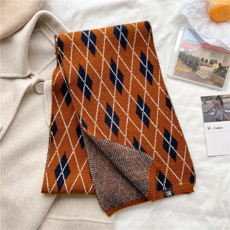 Jauns korejiešu stila rūtains trikotāžas lakats sievietēm izdilis 2022. gada ziemas trokšņa slāpētājs, silta vilnas dzija, mīksta kakla lakats Bufanda Foulard Bandana