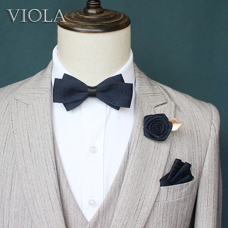 Elegáns Vintage Sötét vonalas csokornyakkendő bross szett Férfi Esküvői Vőlegényparti Születésnapi Pillangótűs Négyzetes póló Ajándék Kiegészítő