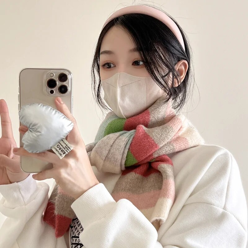 Višebojni prugasti šal za žene Pleteni tople zimske parove Mali uski šal Ženski kawaii ležerni šalovi za žene Veliki šal