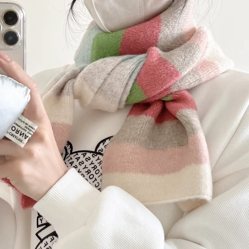 Višebojni prugasti šal za žene Pleteni tople zimske parove Mali uski šal Ženski kawaii ležerni šalovi za žene Veliki šal