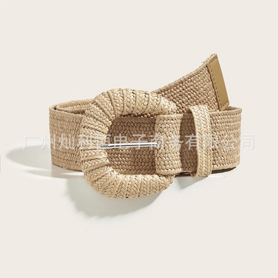 Novi retro ženski ljetni pojasevi s kopčom, modni ženski pleteni široki pojasevi Dizajnerski tkani elastični PP pojas od slame i trave za djevojčice