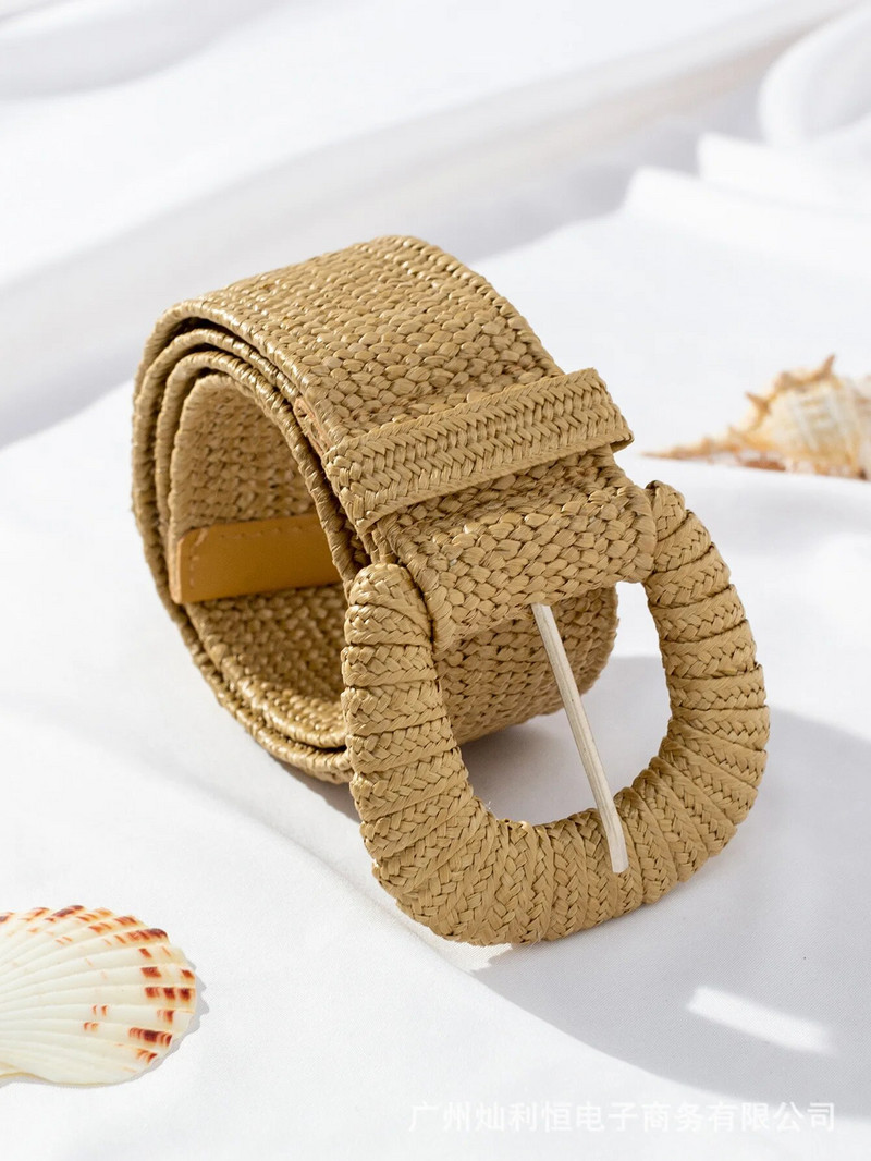 Novi retro ženski ljetni pojasevi s kopčom, modni ženski pleteni široki pojasevi Dizajnerski tkani elastični PP pojas od slame i trave za djevojčice