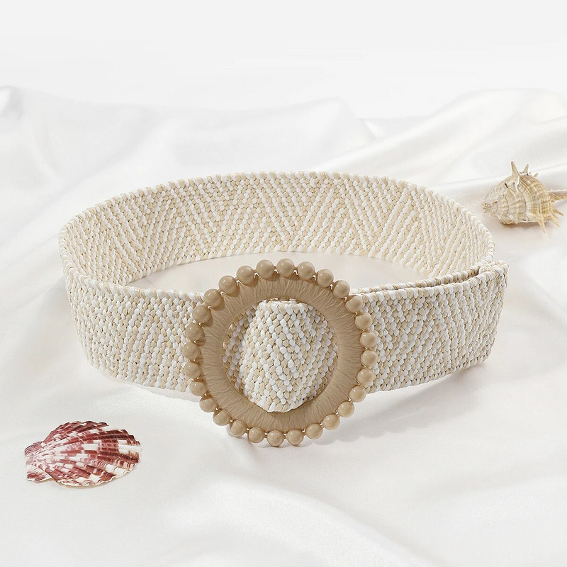 Remen s kopčom u obliku novog dizajna za žene, boemski pleteni široki pojas, ručno tkani elastični pojas od PP slame, ukras ljetne haljine