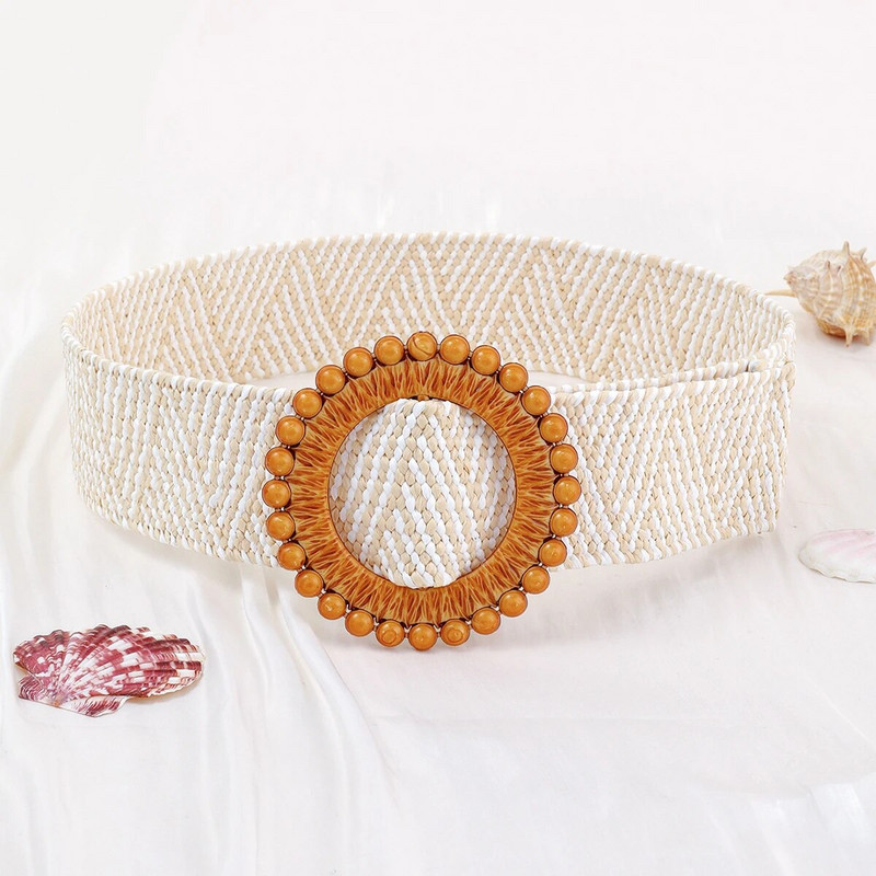 Remen s kopčom u obliku novog dizajna za žene, boemski pleteni široki pojas, ručno tkani elastični pojas od PP slame, ukras ljetne haljine