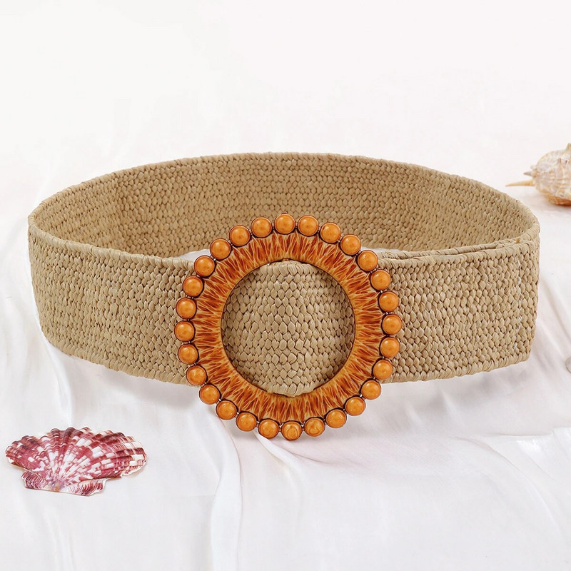 Remen s kopčom u obliku novog dizajna za žene, boemski pleteni široki pojas, ručno tkani elastični pojas od PP slame, ukras ljetne haljine