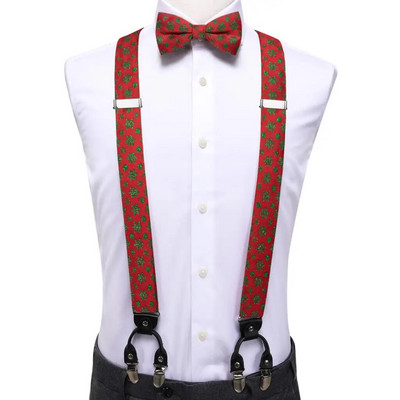 Hi-Tie Vintage selyem Férfi karácsonyi nadrágtartó divat piros fehér hókárpitos csokornyakkendő szett bőr fém 6 kapcsos nadrágtartó