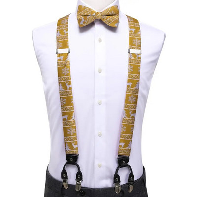 Hi-Tie Vintage selyem Férfi karácsonyi nadrágtartó divat piros fehér hókárpitos csokornyakkendő szett bőr fém 6 kapcsos nadrágtartó