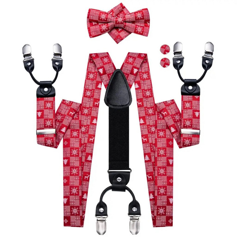Hi-Tie Vintage selyem Férfi karácsonyi nadrágtartó divat piros fehér hókárpitos csokornyakkendő szett bőr fém 6 kapcsos nadrágtartó