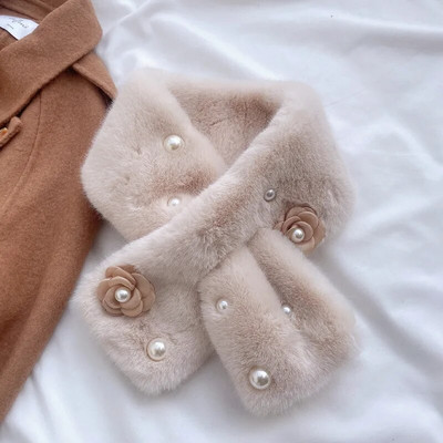 Korea naiste pärllilled kunstküüliku karusnaha kaelarihm rist plüüs sall, naiste uus talv õues paks kaelakaitse soe sall