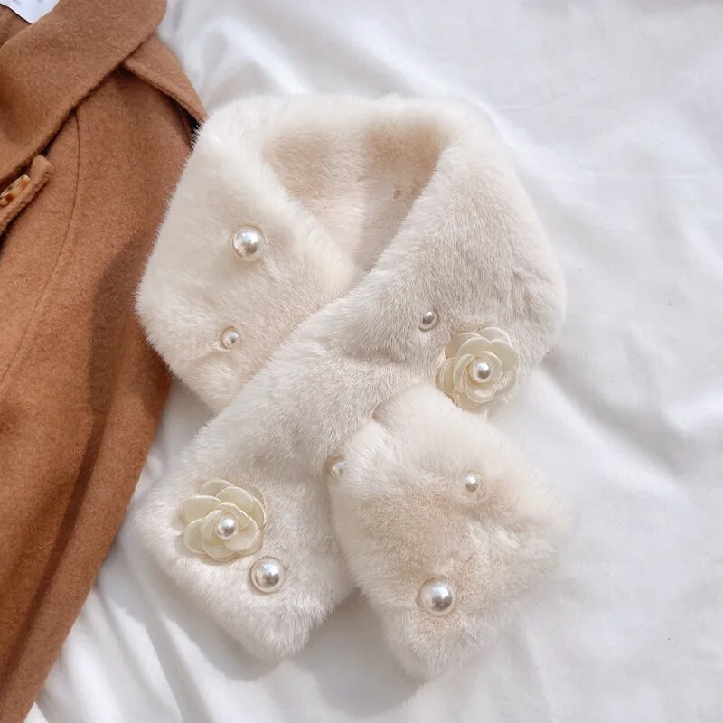 Korea naiste pärllilled kunstküüliku karusnaha kaelarihm rist plüüs sall, naiste uus talv õues paks kaelakaitse soe sall
