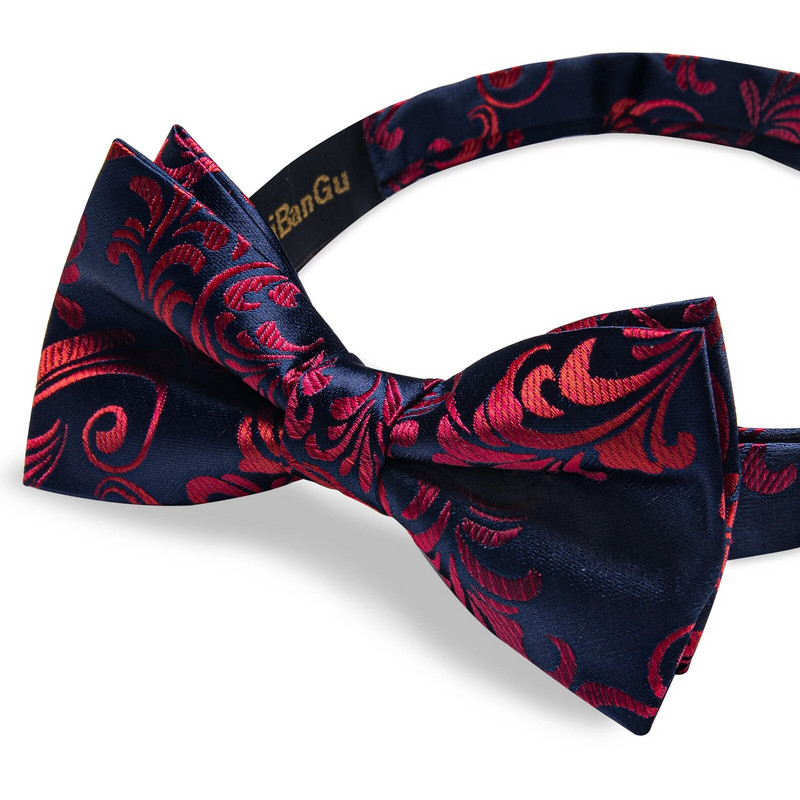 Iepriekš sasiets tumši zils apdrukāts sarkans ziedu tauriņš kabatas kvadrātveida aproču pogu komplekts Modes vīriešu biznesa tauriņš ar tauriņu mezglu krekls dec.
