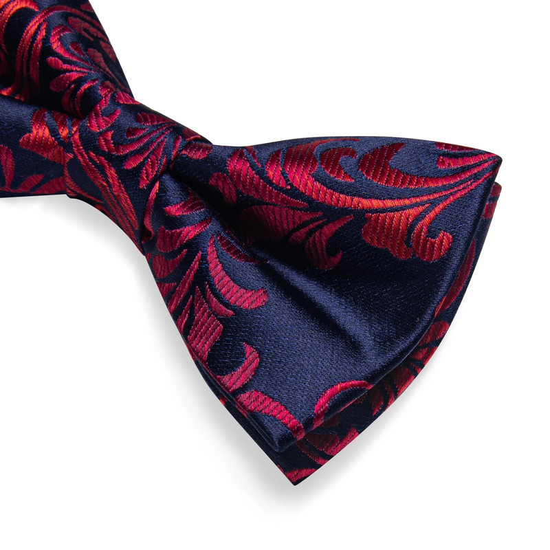 Iepriekš sasiets tumši zils apdrukāts sarkans ziedu tauriņš kabatas kvadrātveida aproču pogu komplekts Modes vīriešu biznesa tauriņš ar tauriņu mezglu krekls dec.