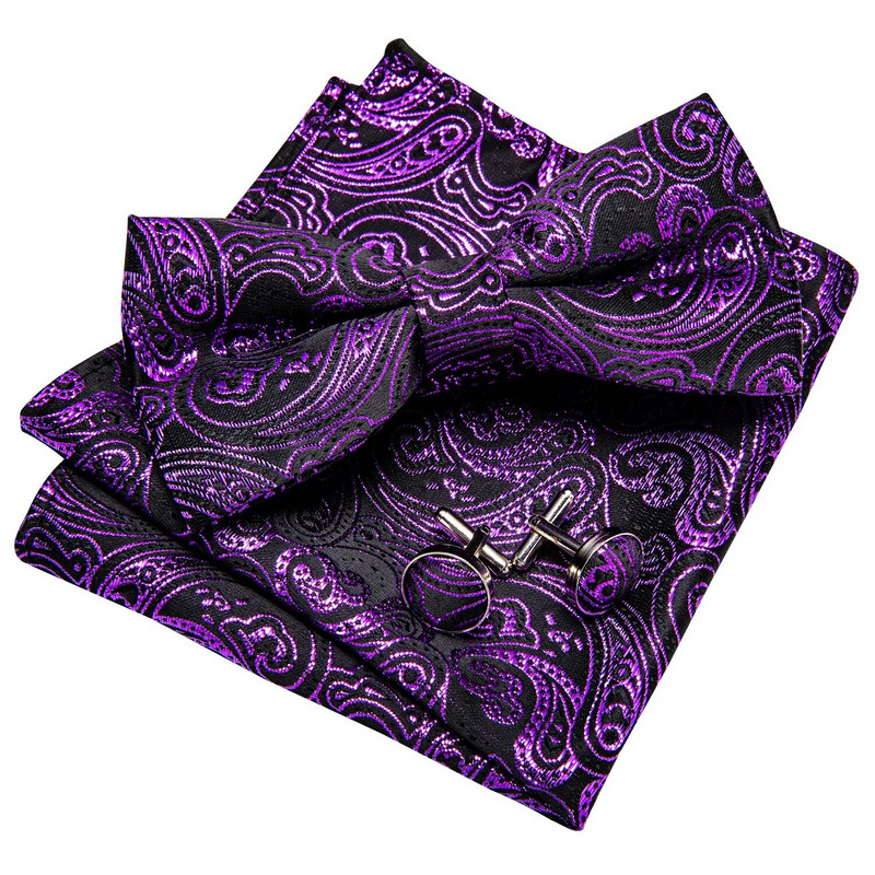 Lila előcsokornyakkendő férfiaknak Luxus selyem jacquard masnik zseb mandzsettagomb szett Férfi pillangó vőlegény buli Esküvő Barry.Wang BH-905