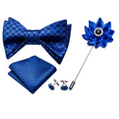 Muškarci tamnoplava leptir mašna Samovezane mašne Karirani komplet svilenih kravata Džepni četvrtasti gumbi za manžete Boutonniere Karirana kravata za vjenčanje Barry.Wang