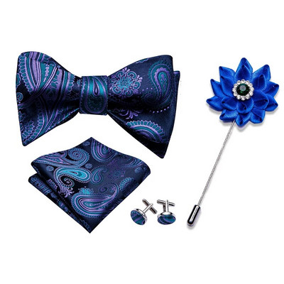 Muškarci tamnoplava leptir mašna Samovezane mašne Karirani komplet svilenih kravata Džepni četvrtasti gumbi za manžete Boutonniere Karirana kravata za vjenčanje Barry.Wang