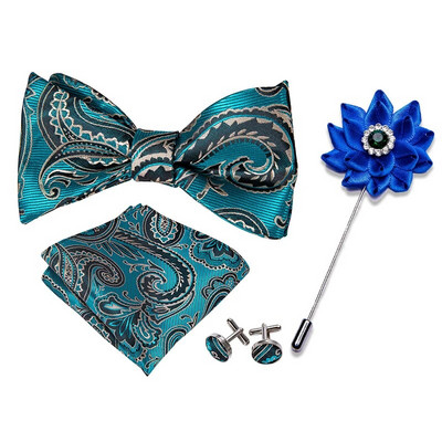 Muškarci tamnoplava leptir mašna Samovezane mašne Karirani komplet svilenih kravata Džepni četvrtasti gumbi za manžete Boutonniere Karirana kravata za vjenčanje Barry.Wang