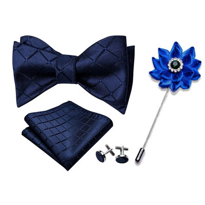 Muškarci tamnoplava leptir mašna Samovezane mašne Karirani komplet svilenih kravata Džepni četvrtasti gumbi za manžete Boutonniere Karirana kravata za vjenčanje Barry.Wang