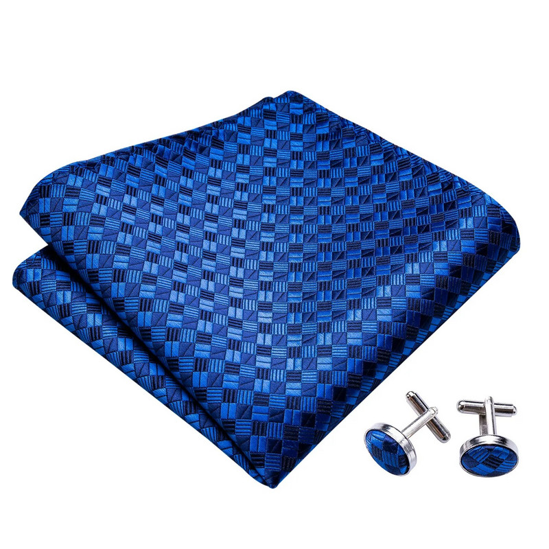 Muškarci tamnoplava leptir mašna Samovezane mašne Karirani komplet svilenih kravata Džepni četvrtasti gumbi za manžete Boutonniere Karirana kravata za vjenčanje Barry.Wang