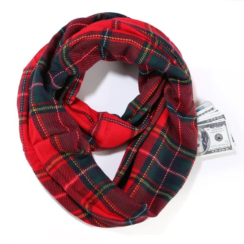 Ženski snood od kašmira Infinity karirani šal Zimski topli skriveni džepni šalovi sa patentnim zatvaračem Ženski topliji oko vrata Putni prstenasti šalovi