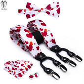 Δώρο για ανδρικό παντελόνι Hi-Te Jacquard Silk White Red Hearts Ανδρικές ζαρτιέρες Παπιγιόν Hanky Σετ μανικετόκουμπα ρυθμιζόμενο με 6 κλιπ σε τιράντες για ανδρικό παντελόνι