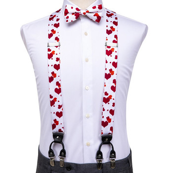 Δώρο για ανδρικό παντελόνι Hi-Te Jacquard Silk White Red Hearts Ανδρικές ζαρτιέρες Παπιγιόν Hanky Σετ μανικετόκουμπα ρυθμιζόμενο με 6 κλιπ σε τιράντες για ανδρικό παντελόνι