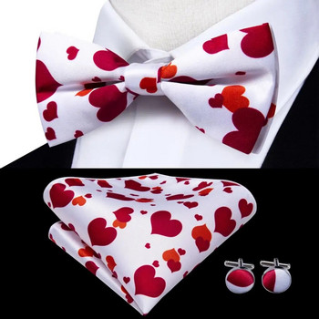 Δώρο για ανδρικό παντελόνι Hi-Te Jacquard Silk White Red Hearts Ανδρικές ζαρτιέρες Παπιγιόν Hanky Σετ μανικετόκουμπα ρυθμιζόμενο με 6 κλιπ σε τιράντες για ανδρικό παντελόνι