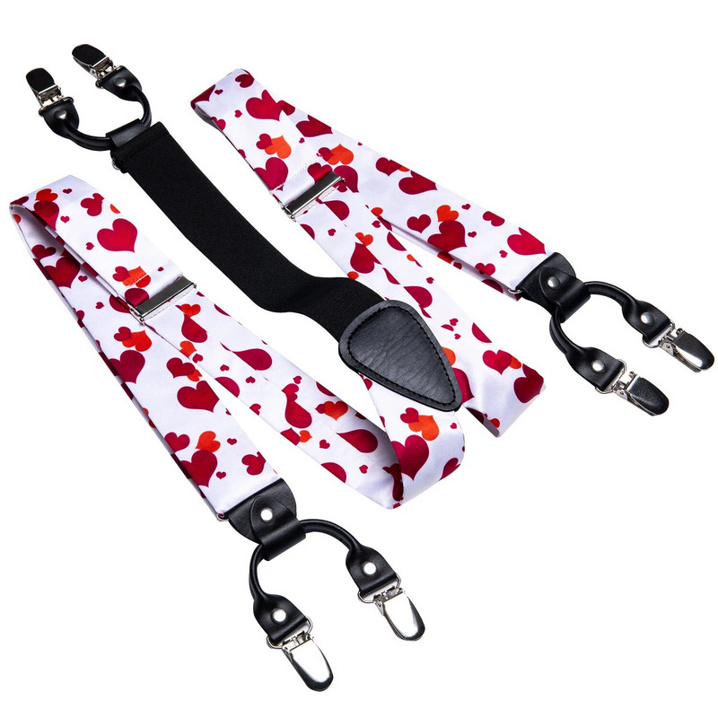 Hi-Tie jacquard selyem fehér piros szívek férfi nadrágtartók csokornyakkendő Hanky mandzsettagombok készlet állítható 6 kapcsos merevítővel férfi nadrágokhoz Ajándék