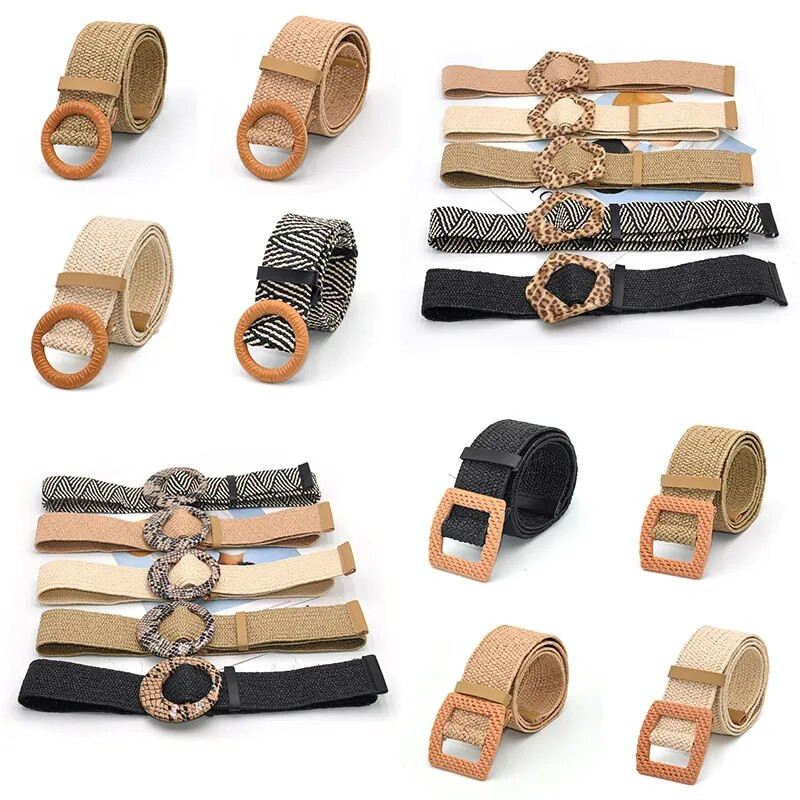 Ljeto kaki smeđi ženski remen Dress Remen s trapericama s drvenom kopčom Leopard kopča s otiskom zmije Slamnati široki remeni za žene Bohe remen