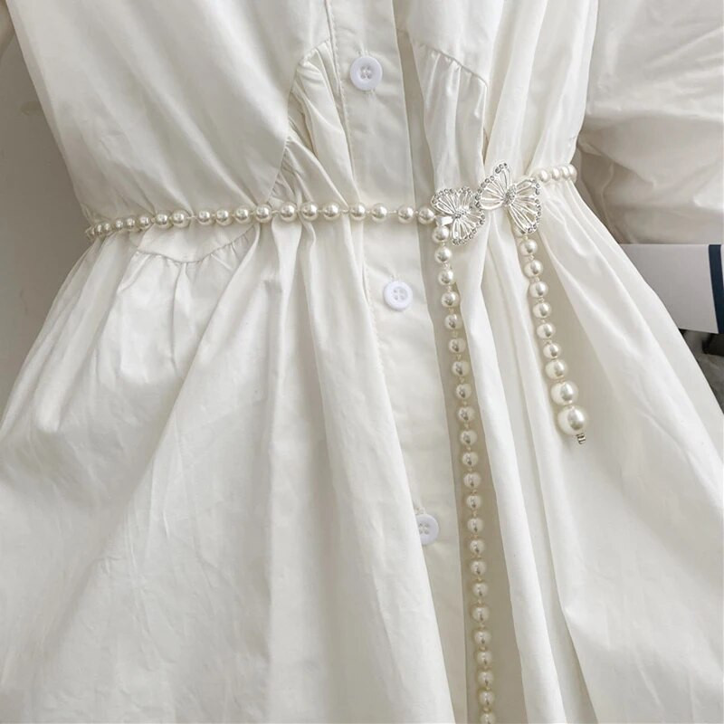 Eleganta sieviešu pērļu vidukļa ķēde, modes tauriņš ar ziediem, plāna ķēdes josta sievietēm, kleita ar šauru jostasvietu