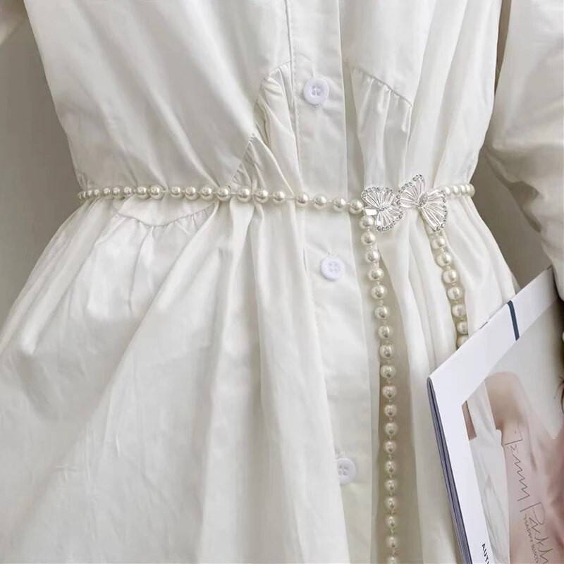 Eleganta sieviešu pērļu vidukļa ķēde, modes tauriņš ar ziediem, plāna ķēdes josta sievietēm, kleita ar šauru jostasvietu