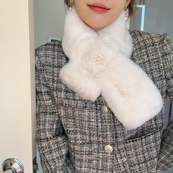 Κορεάτικο μονόχρωμο μαργαριτάρι ψεύτικο κολάρο από γούνα κουνελιού Σταυρός βελούδινο σάλι Χειμερινός εξωτερικός προστατευτικός λαιμός σαλιάρα Γυναικείο πλεκτό χοντρό ζεστό κασκόλ