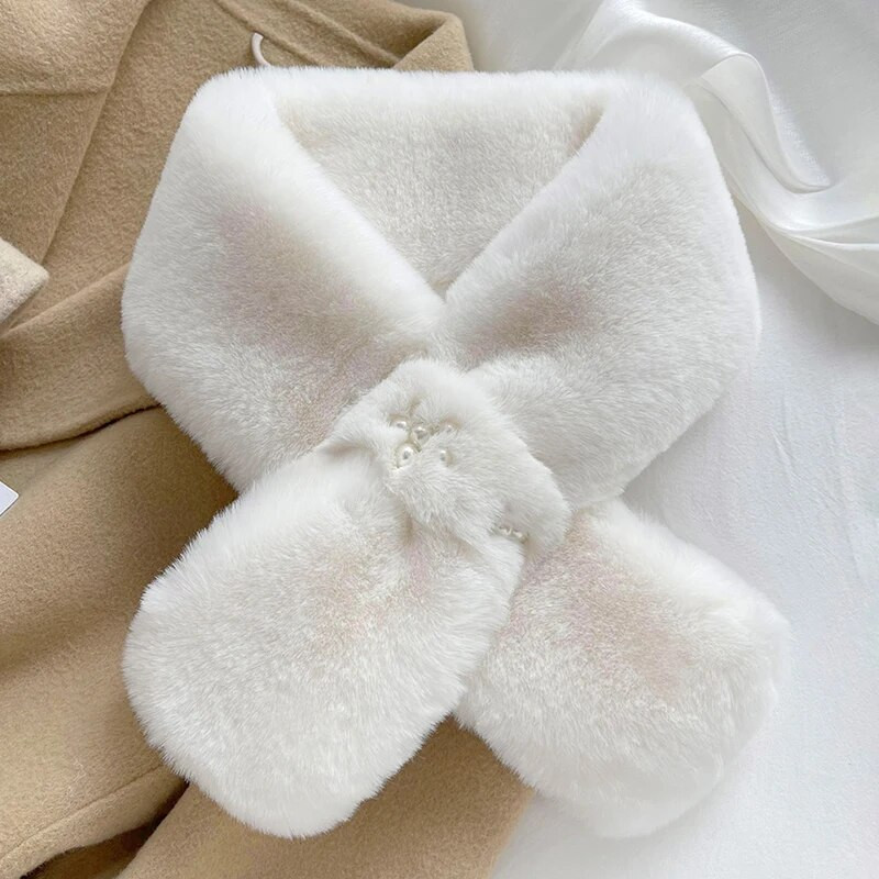 Korejski jednobojni biserni ovratnik od umjetnog zečjeg krzna Križni plišani šal Zimski vanjski štitnik za vrat Biber Ženski pleteni debeli topli šal