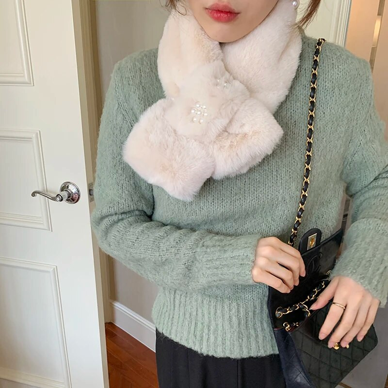 Korejski jednobojni biserni ovratnik od umjetnog zečjeg krzna Križni plišani šal Zimski vanjski štitnik za vrat Biber Ženski pleteni debeli topli šal