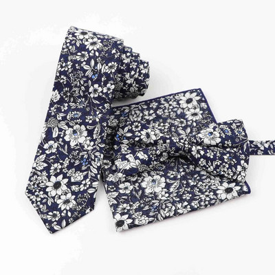Ανδρικό βαμβακερό ντιζάιν Skinny Floral ριγέ τετράγωνο μαντήλι με παπιγιόν πεταλούδα Σετ Τριών Τεμαχίων