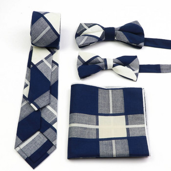 Класическа мъжка памучна карирана вратовръзка с раирана вратовръзка за костюм, вратовръзка за родители и деца, носна кърпичка Комплект от четири части от сватбени аксесоари за младоженеца